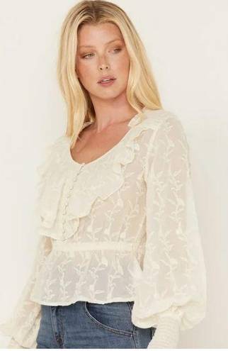 Shyanne  Women's Floral Embroidered Chiffon Ruffle Blouse Off White Sz XL