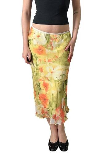 vintage 90s y2k yellow floral print layered mesh lettuce hem midi maxi skirt