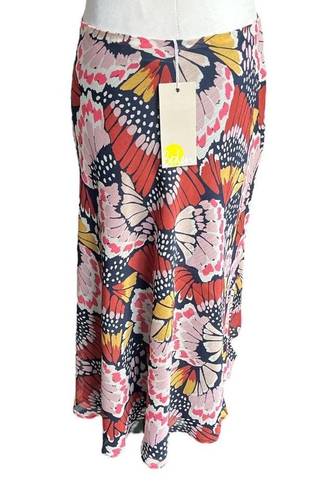 Petal Boden Crinkle Bias-Cut  Stamp Midi Skirt Navy Pink Orange Yellow Size 6