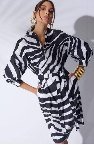 Natori  Zebra Cotton Poplin Balloon Sleeve Belted Shirtdress Size Medium