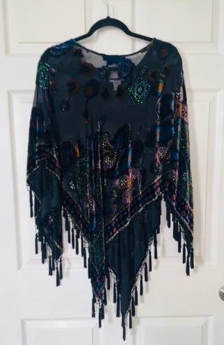 Coldwater Creek 💜Sheer Silk, Black Velvet Burnout Poncho,Beading & Tassels. OSFM💜