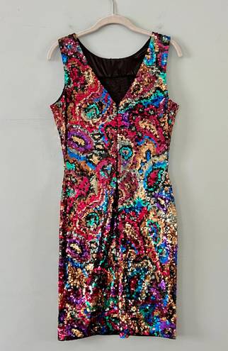 Oleg Cassini Black Tie Vintage 80’s Rainbow Sequin Paisley Mini Dress