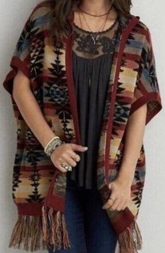 American Eagle  Aztec Western Fringe Oversized Hooded Poncho Cardigan Size XS-S