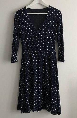 Garnet Hill  Polka Dots Faux Wrap Midi Dress Lined Long Sleeve‎ Black Wome…