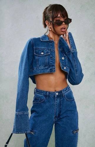 Pretty Little Thing Mid Blue Wash Denim Cuff Detail Cropped Jacket