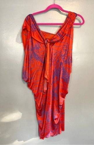 Halston Heritage Red Swirl Floral Draped Tie Asymmetrical Silk Blend Mini Dress