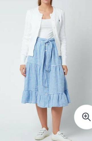 Polo NWT  Ralph Lauren Skirt Linen Midi Gingham Blue Belted Midi Skirt