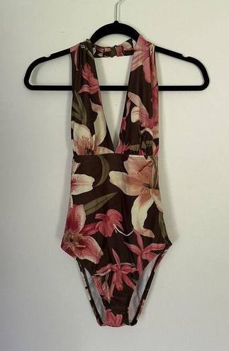 Tommy Bahama  Women’s Brown Pink Tropical Floral Halter One Piece Swimsuit