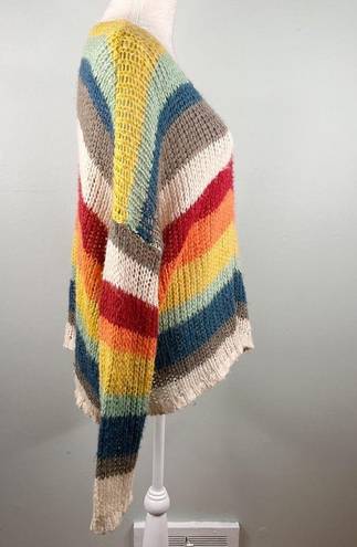 Elan  Sweater Rainbow Oversized Open Knit Stripes Large V-Neck