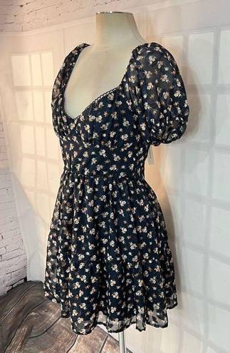 Trixxi  Francesca's Willa Floral Puff Sleeve Mini Dress Navy Blue Large NWT