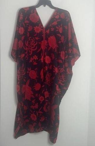 Natori red and black kimono V-neck floral caftan dress lagan look casual