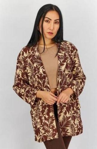 Mango  Women Notch Collar Long Sleeves Tropic Print Linen Blazer, Beige Brown XS