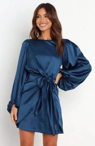 Petal and Pup  Opal Navy Blue Satin Long Balloon Sleeve Wrap Mini Dress 6