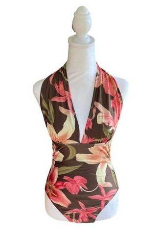 Tommy Bahama  Women’s Brown Pink Tropical Floral Halter One Piece Swimsuit