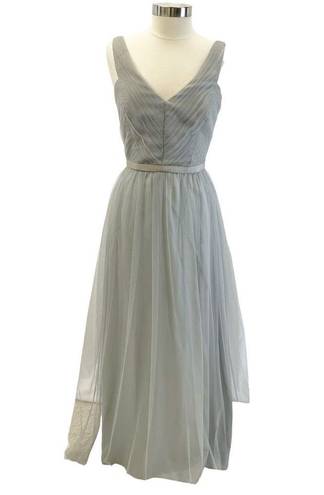 Monique Lhuillier  Bridesmaid Womens 12 Tulle Petra Pleated Sleeveless Gray Maxi