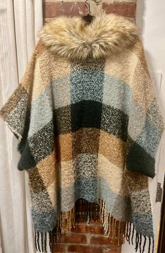 Boston Proper Plaid Faux Fur Fringe Poncho