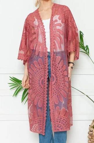 Style Apparel Rust lace/ sheer kimono duster Red