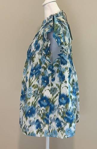 Tuckernuck  Blue Floral Flutter Sleeve Smocked Cotton Blouse NWT Size XL