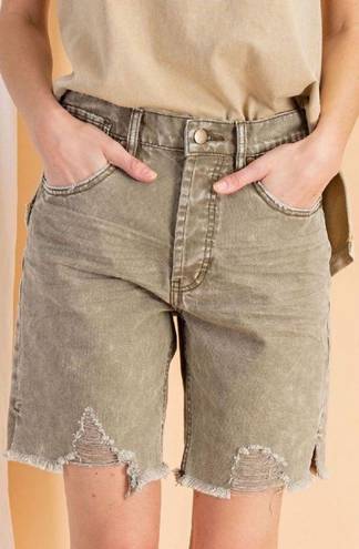 easel  Khaki Distressed Bermuda Denim Shorts Medium