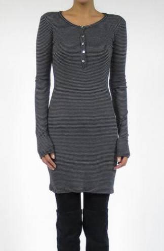 LA Made New  Striped Ribbed Knit Long Sleeve Henley Mini Dress Navy Grey