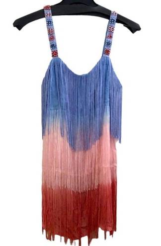 Boston Proper  FRINGE OMBRE PINK BLUE EMBELLISHED TANK LINED COTTON DRESS M