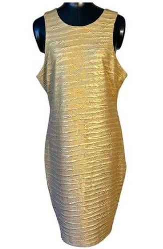 Bisou Bisou  Gold Foil Sleeveless Sheath Dress Midi Metallic Zip Closure Size 14