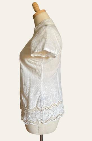 August Silk Y2K White Cotton Crochet Coquette Button Down Short Sleeve Top