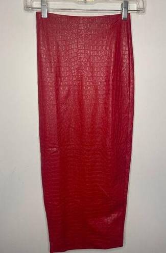 Naked Wardrobe  Women's Size XS Crocodile Midi Skirt Red Vegan Leather Slit NWT