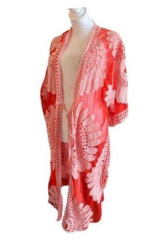 Siren Lily  Maternity Kimono Women Size Large Red and White Floral Tie Wa…