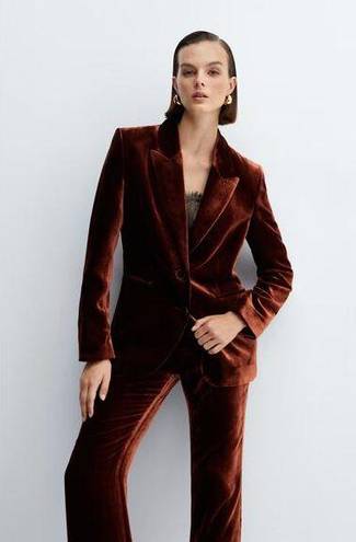 Mango  Womens Velvet Suit Blazer Button Front Lapel-Collar Welt Pockets Brown M