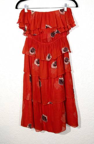 Rebecca Taylor Red Floral Silk Strapless Tiered Dress Size 2