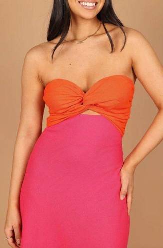 Petal and Pup  Rosetta Fuchsia & Orange Colorblock Strapless Cut Out Midi Dress 0