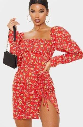 Pretty Little Thing  Red Ditsy Floral Bow Mini Dress