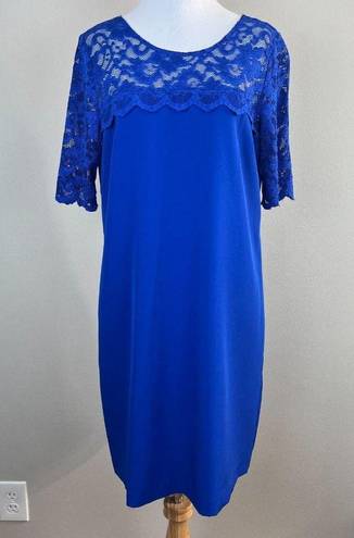 Badgley Mischka Belle  Dress 8 Blue Lace Short Sleeve Shift Mini Party‎ Womens