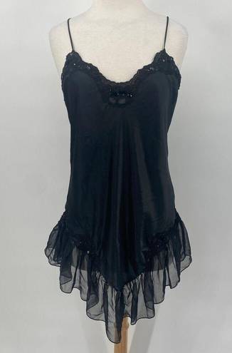 Victoria's Secret Vintage  Gold Label Lace Trim Beaded Sequined Nightie Slip Black