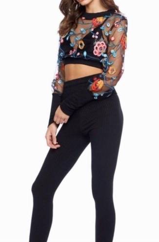 Cosmopolitan NEW  DRESS THE POPULATION MESH FLORAL LONG SLEEVE CROPPED TEE TOP