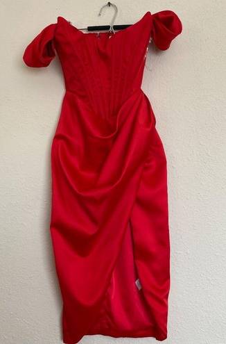 House Of CB  'Loretta' Red Satin Off Shoulder Dress/Size XS NWOT