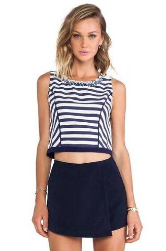 J.O.A. Revolve Navy Blue White Striped Embellished Crop Top Women's Size Small