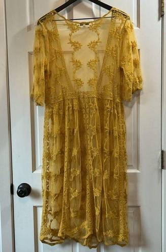 Woven Heart Mustard Lace & Embroidered Midi Length Shawl Duster - One Size