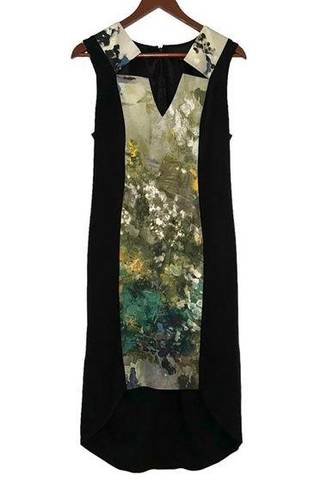 Black Halo  Black Abstract Hi-Low Hem Sleeveless Midi Dress