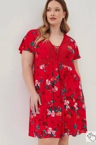 Torrid  Red Floral Gauze Lace Up Skater Dress Sz.2