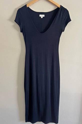 See You Monday  black v-neck soft stretch midi dress minimalist chic