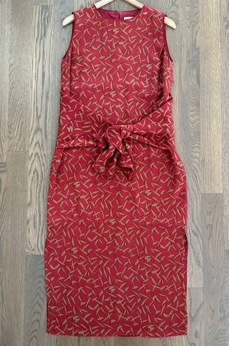 Doncaster Vintage 100% Silk Sleeveless Tie Waist Dress in Red and Khaki Size 8