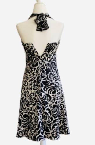 White House | Black Market WHBM Halter Dress Black Cream Floral Sleeveless Silk Flowy Halter Dress Size 4