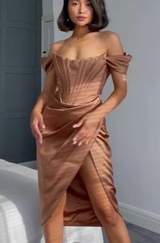 House Of CB NWOT  Loretta satin off shoulder dress size xs- Toffee