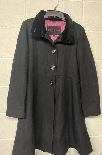 Betsey Johnson  Wool Peacoat Long Jacket Hearts Velvet Bow Black Size 8 S Medium