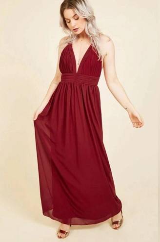 TFNC NEW Burgundy Pleated Deep V-Neck Cross Back Modcloth Maxi Dress Gown Medium