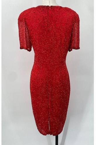 Oleg Cassini Vintage  Beaded Silk Mini Dress Short Sleeves Cocktail Red Womens 6