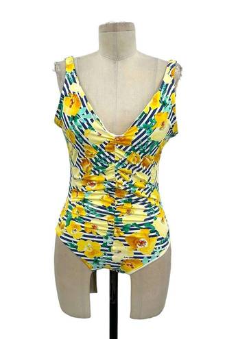 Skye Swimwear SKYE Primavera Yellow Floral Blue & White Striped One Piece Monokini Size Large