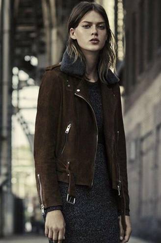 All Saints Plait Western Biker Suede Jacket Size 2 US Brown Goat